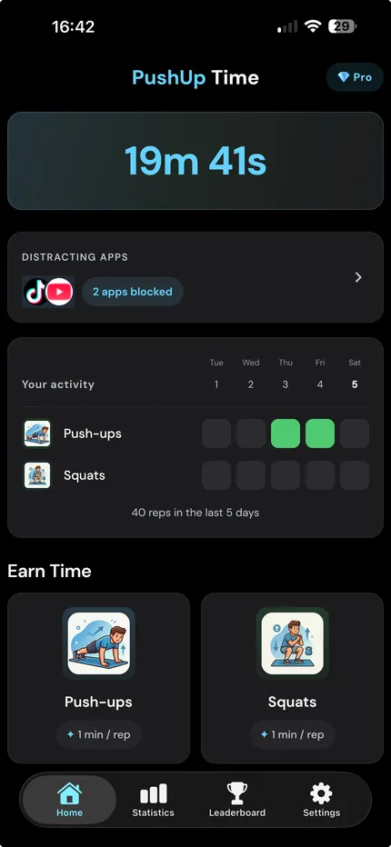 PushUp Time home screen: 19 minutes of screen time earned, two apps blocked