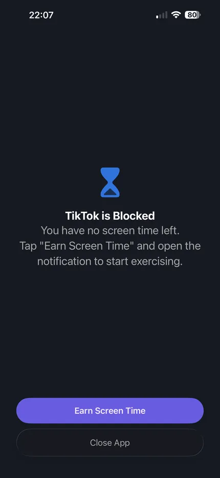 TikTok blocked by PushUp Time until screen time is earned